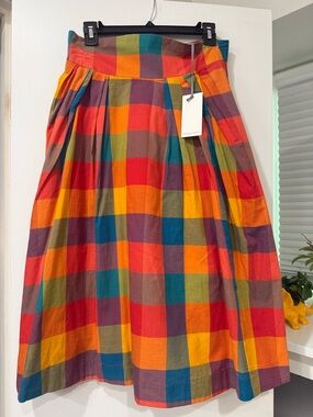 NWT Emily and Fin ModCloth Madras Plaid Midi Skirt Multicolor Size Medium Retro
